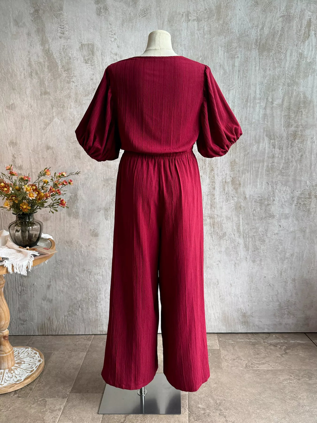 Plus size tie-front puff sleeve top and wide-leg pants set by Plush Fashion Hub, featuring stylish two-piece fashion.