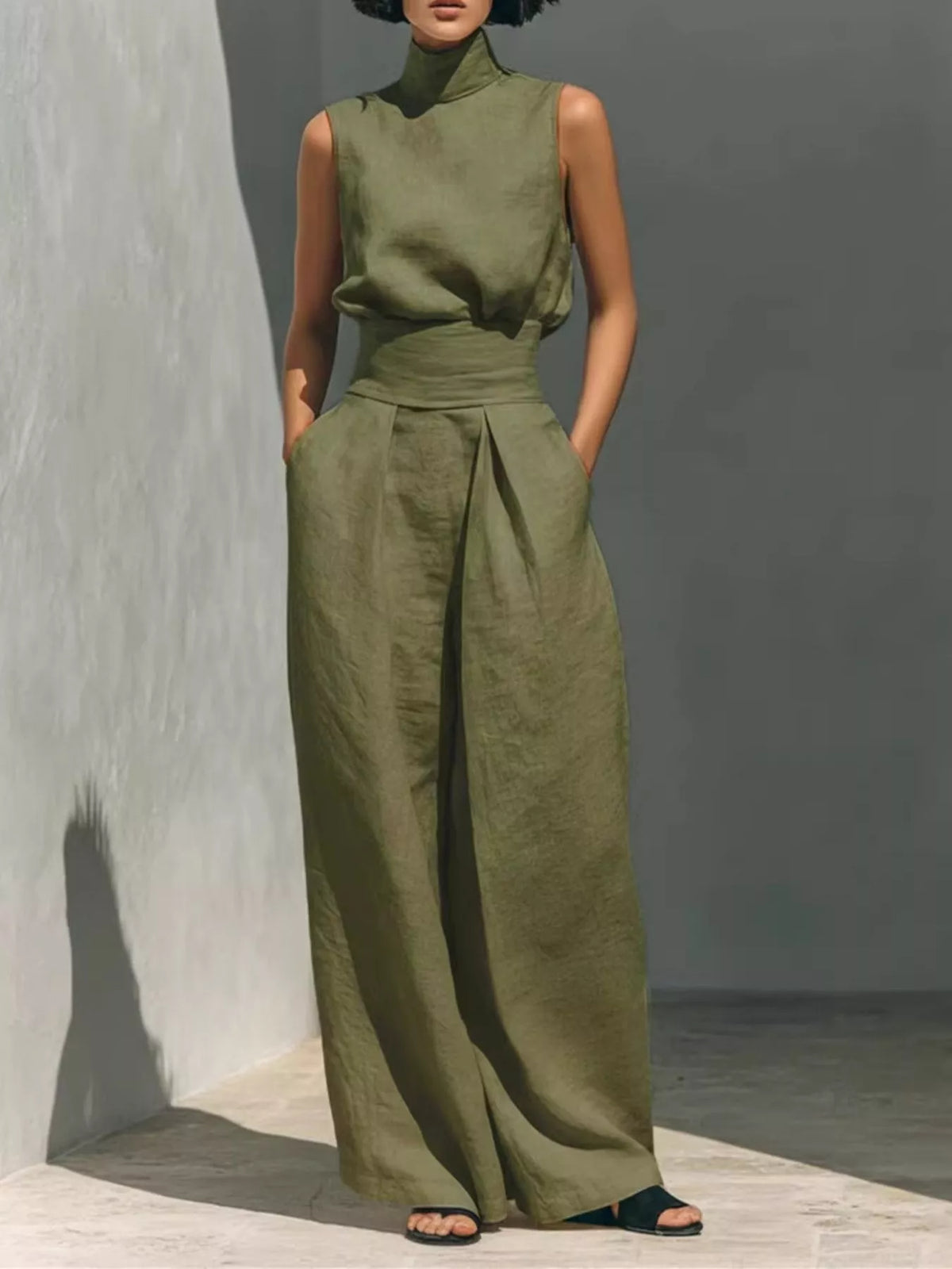 Plush Fashion Hub sleeveless turtleneck top and wide-leg pants set displayed on a model, featuring a cozy, stylish outfit.