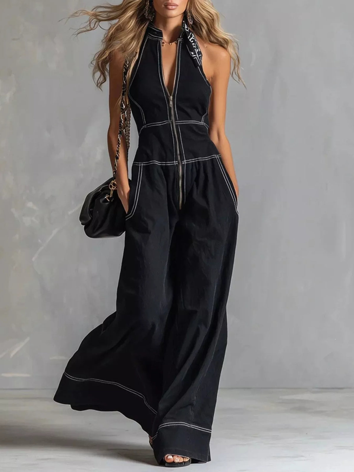 Sleeveless wide-leg jumpsuit with zip front, casual style by Trendsi, shown in black fabric with relaxed fit.