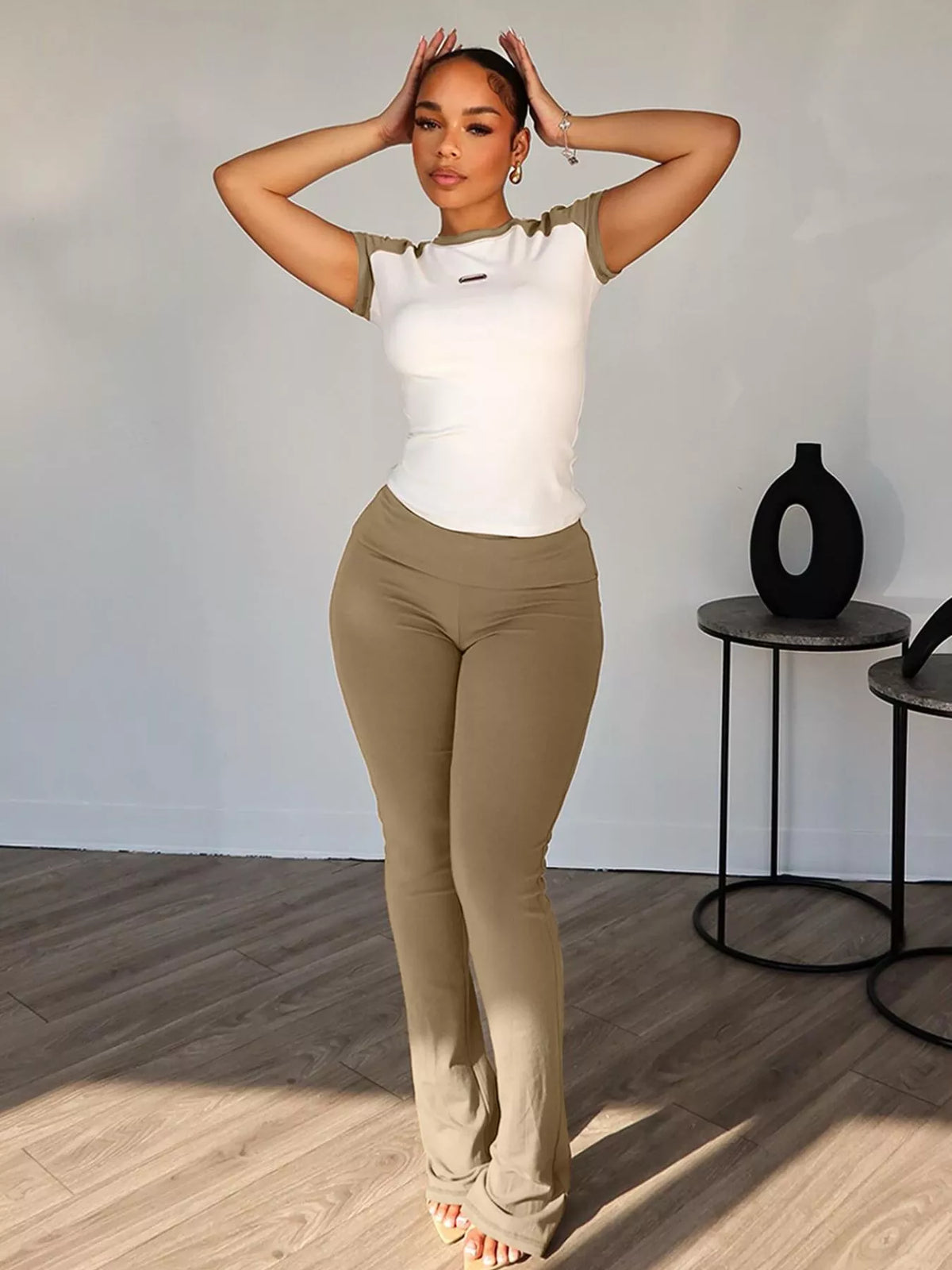 Plush Fashion Hub contrast short sleeve tee and pants loungewear set, soft fabric, casual fit, in neutral colors.