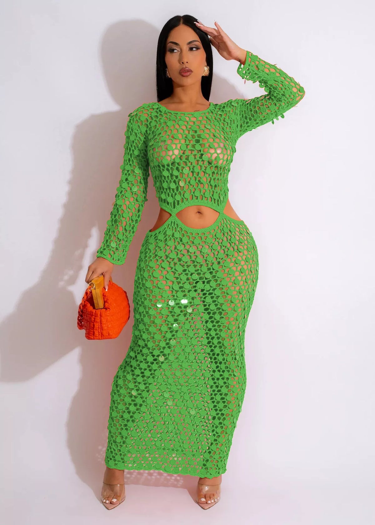 Plush Fashion Hub sequin mesh cutout maxi dress featuring a fitted silhouette and stylish design with shimmering sequins.