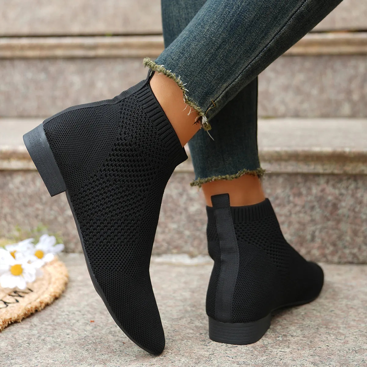 Women's mesh knit ankle boots with stretch comfort fit, trendy footwear by Trendsi featuring breathable mesh material and stylish design.