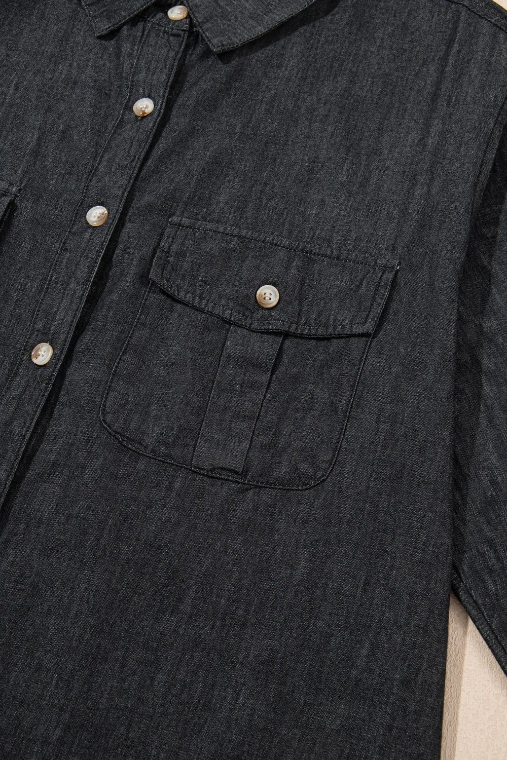 Trendsi denim top with long sleeves, collared neck, and front pockets, made from classic blue denim fabric.