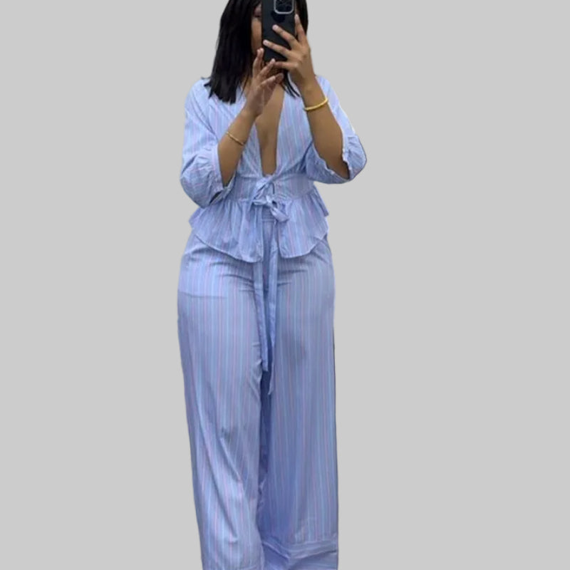 Coastal Chic V-neck striped lace-up top set by Plush Fashion Hub, featuring a stylish, casual design with horizontal stripes.