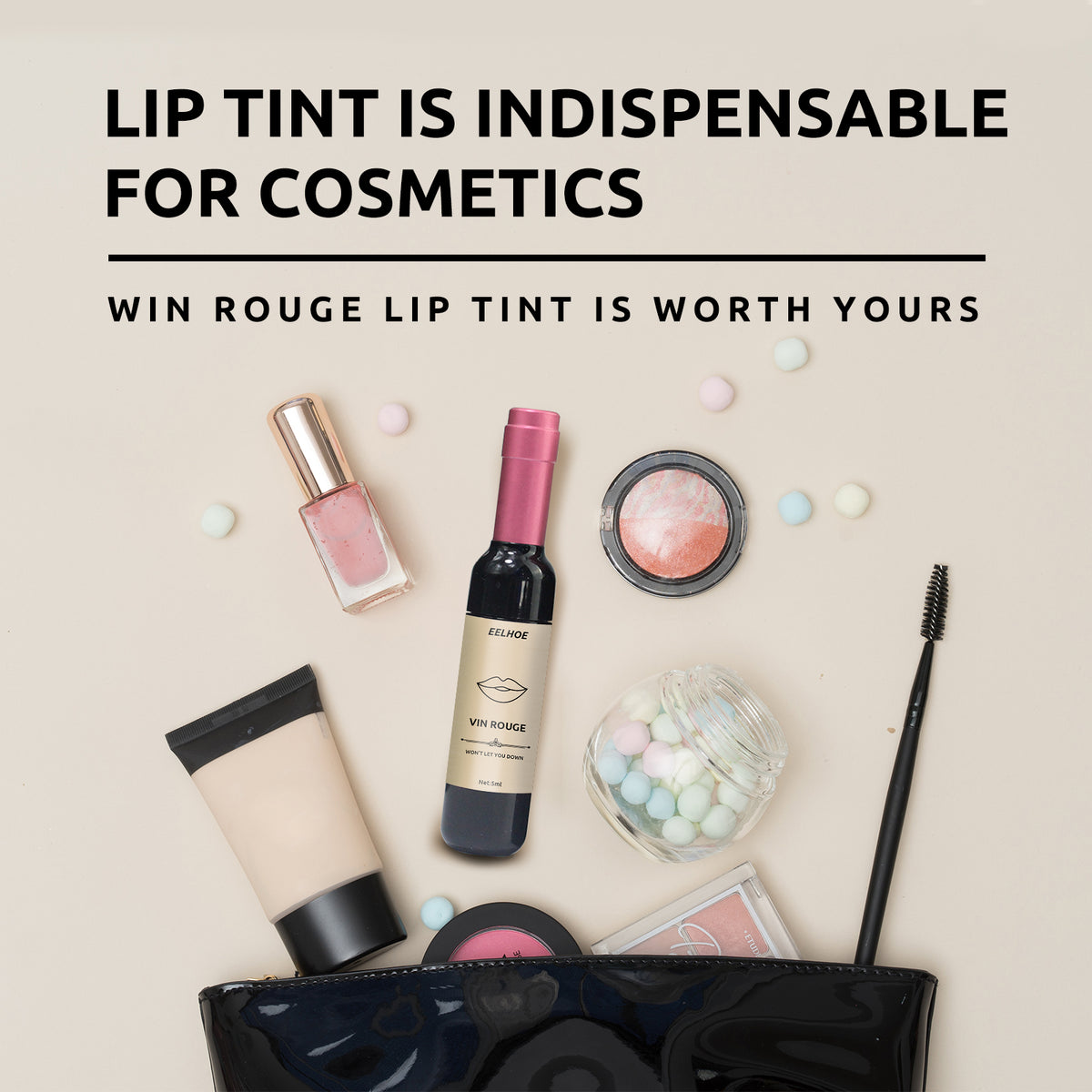 Eelhoe Vin Rouge lip tint bottle styled like wine, flanked by cosmetics on a flat surface with a black makeup bag.