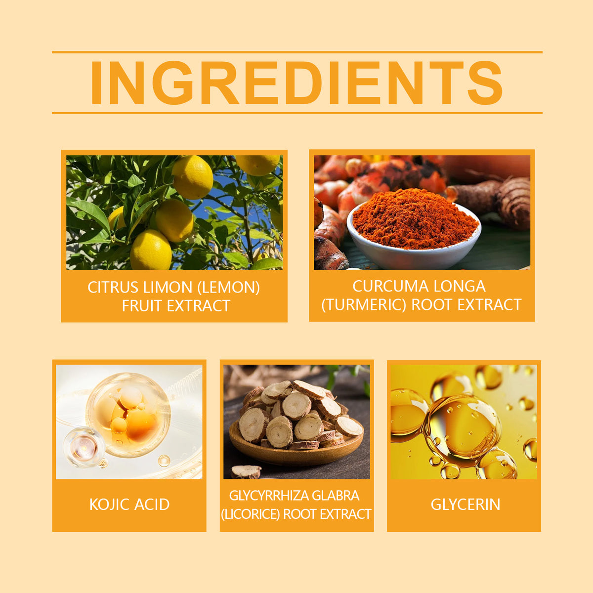 Infographic listing five ingredients: lemon fruit extract, turmeric root extract, kojic acid, licorice, and glycerin.