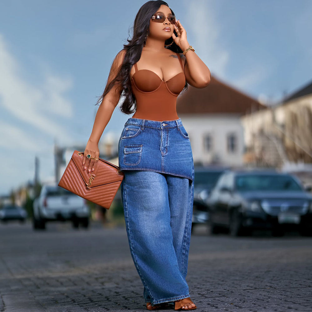 Plush Fashion Hub washed elastic waist straight-leg denim jeans, front view showing classic blue denim and relaxed fit.