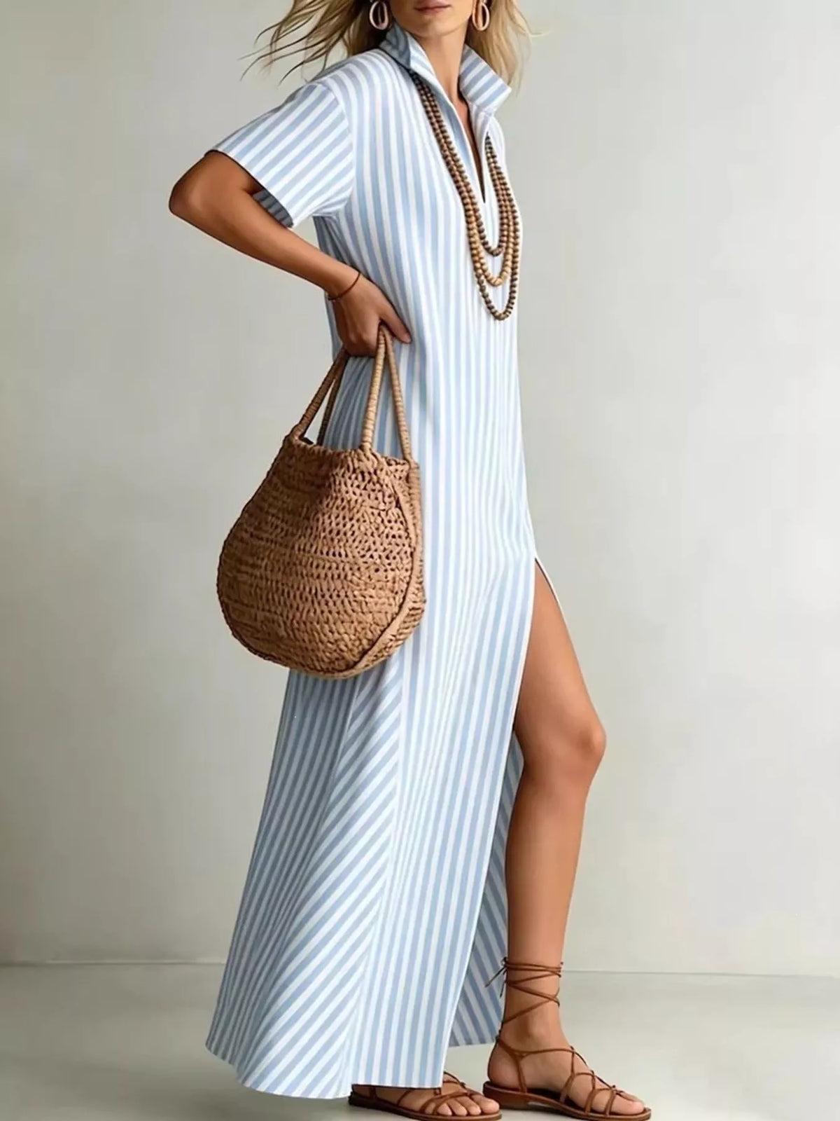 Plus size striped maxi dress with side slit from Trendsi, featuring a flowy design and full-figure flattering silhouette.