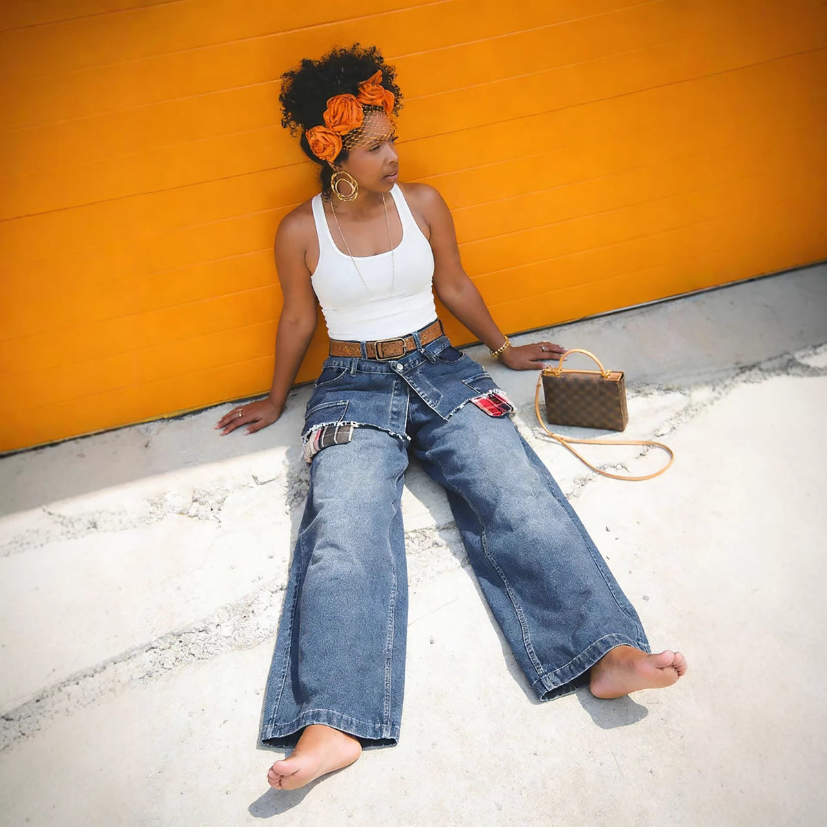 Eprolo fake two-piece layered plaid patchwork raw edge jeans pants with distressed details and unique fashion design.