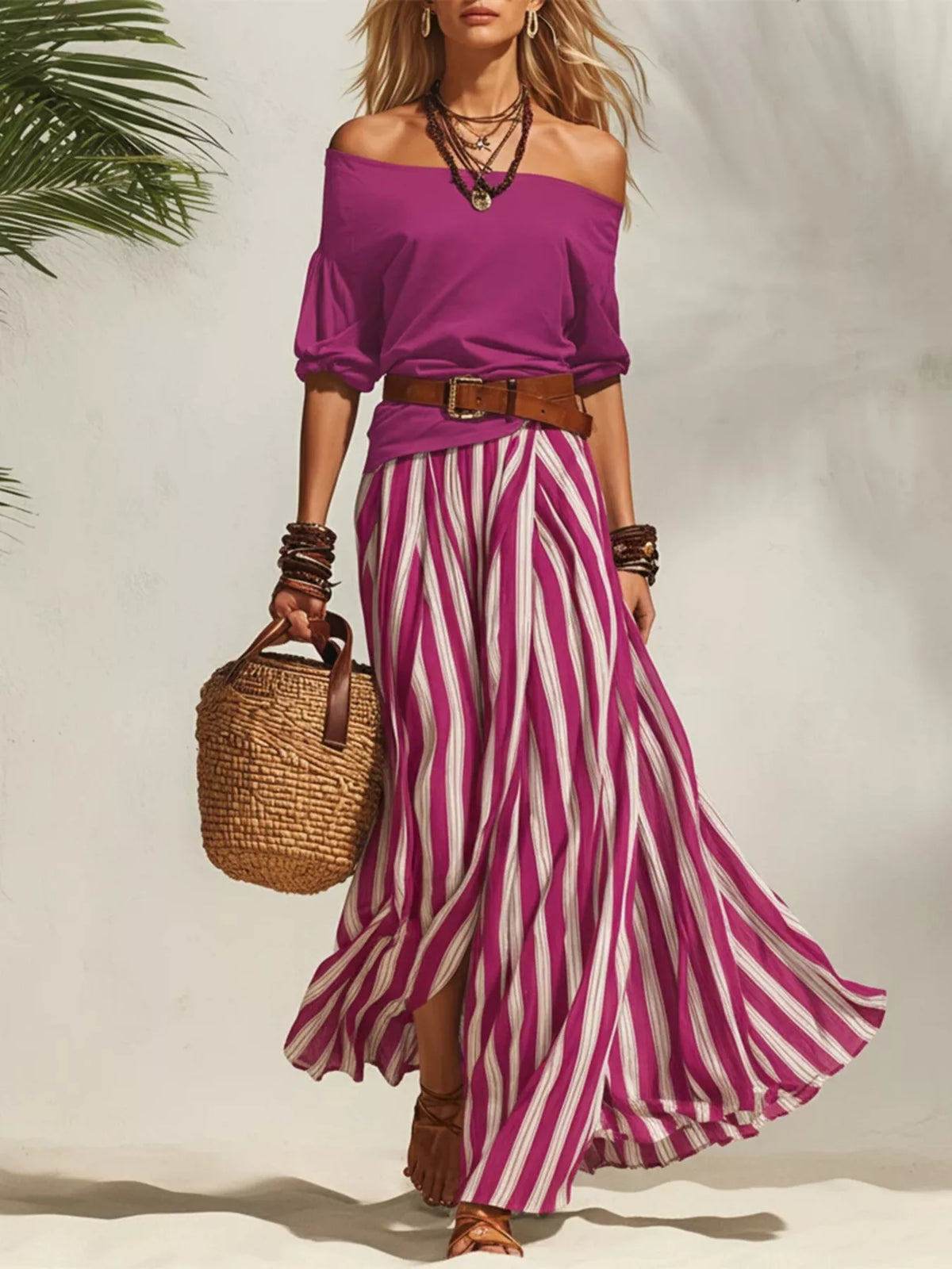 Off shoulder top and striped maxi skirt set by Plush Fashion Hub, featuring a stylish matching ensemble with a relaxed fit.