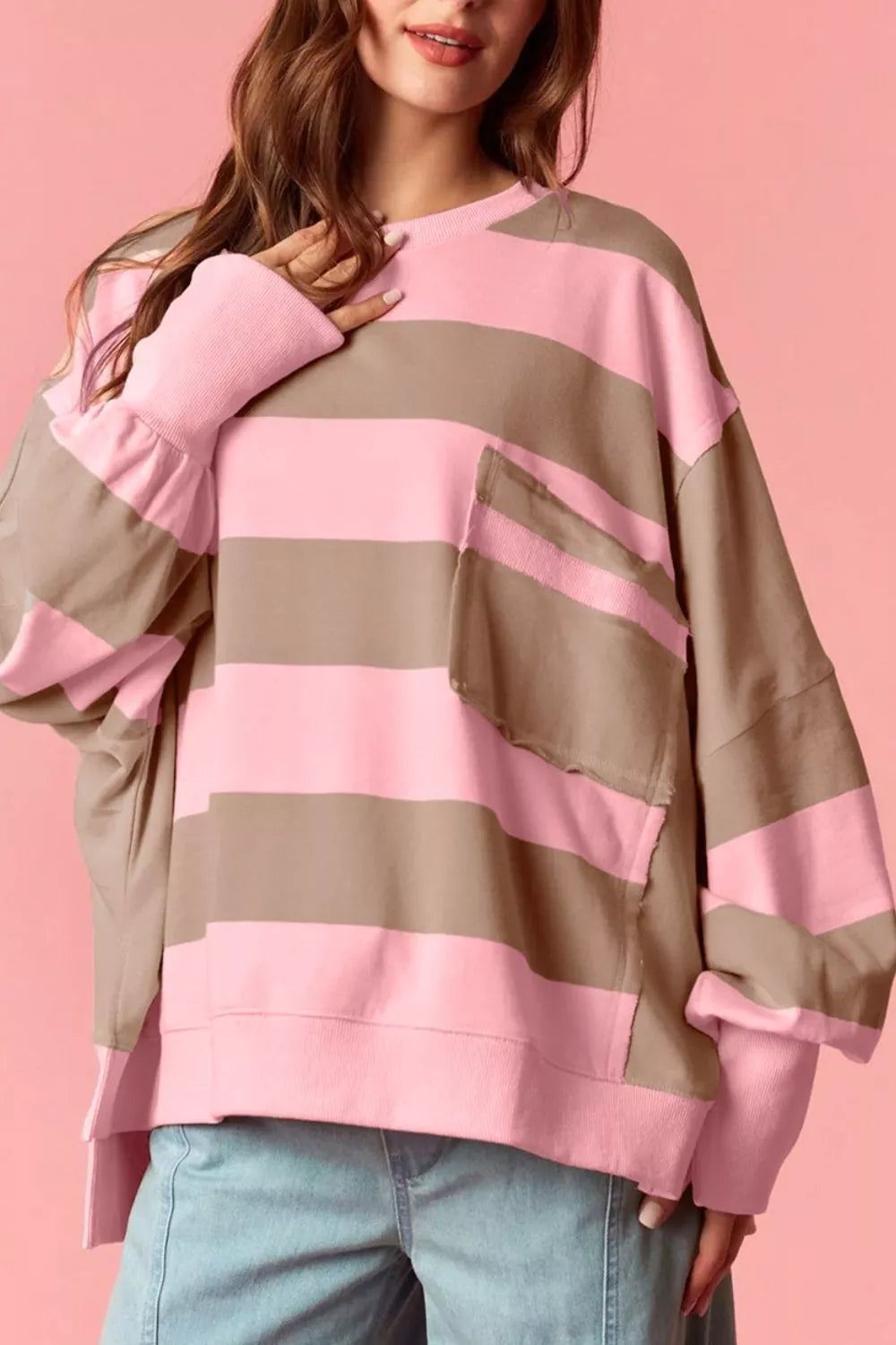 Oversized colorblock striped sweatshirt with patch pocket and split hem, trendy long sleeve sweatshirt by Trendsi