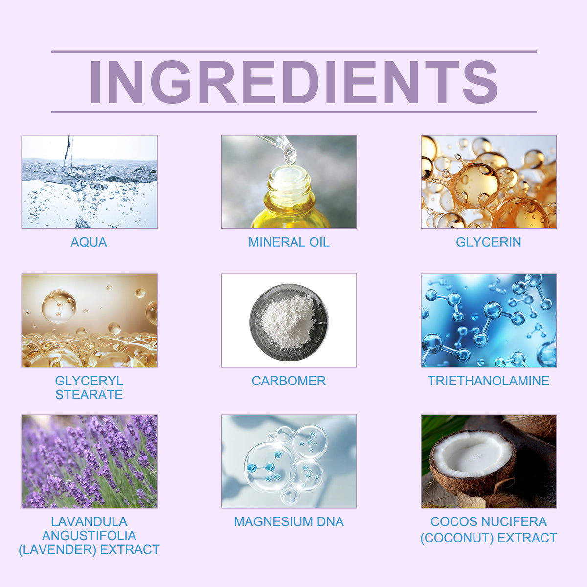Graphic with the heading "Ingredients" and a 3x3 grid of labeled cosmetic ingredients.