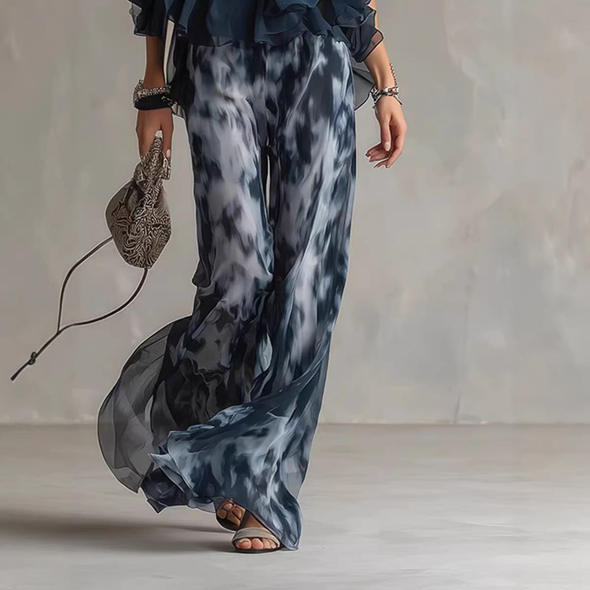 Plush Fashion Hub sleeveless camisole collar top with printed wide-leg chiffon pants, stylish outfit for casual wear.