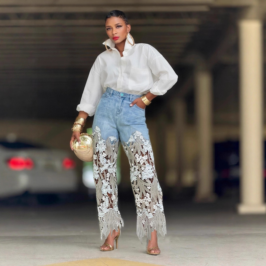 Hollow out patchwork irregular lace straight leg jeans by eprolo showing distressed details and unique lace accents.