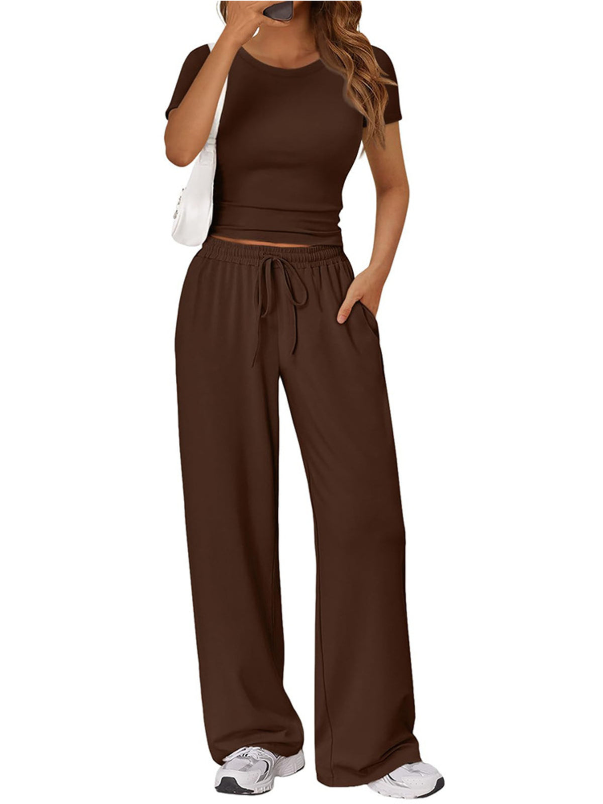 Women's plush fashion hub round neck short sleeve T-shirt and drawstring lounge set, comfortable casual 2-piece outfit.