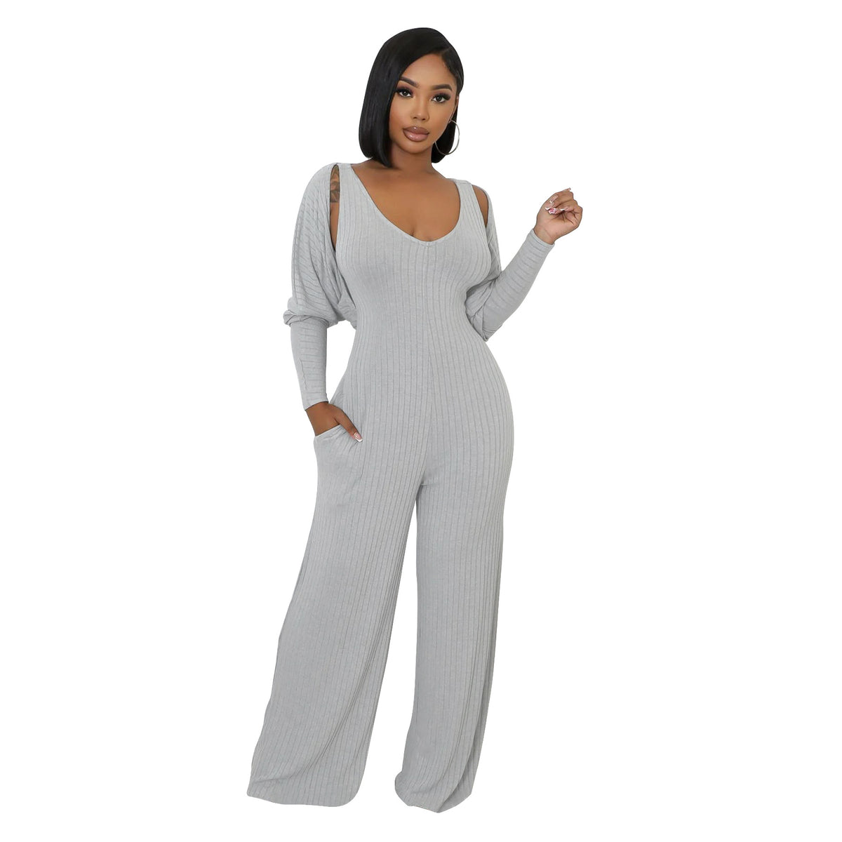 Plush Fashion Hub modern cape-sleeve tailored jumpsuit with sleek design, showcasing its stylish cape sleeves and fitted silhouette.