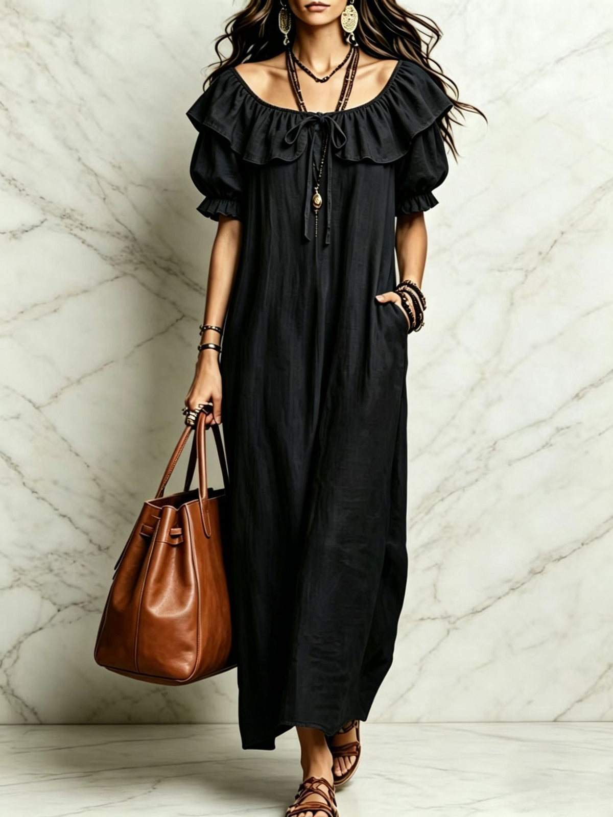 Casual elegant women’s round neck ruffle beach vacation dress by eprolo, lightweight and flowy for summer resort wear.