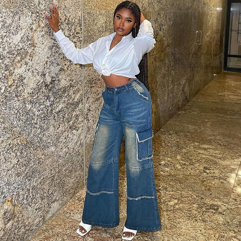 Women’s high-waisted straight-leg washed denim pants by Plush Fashion Hub, featuring a retro style and classic denim wash.