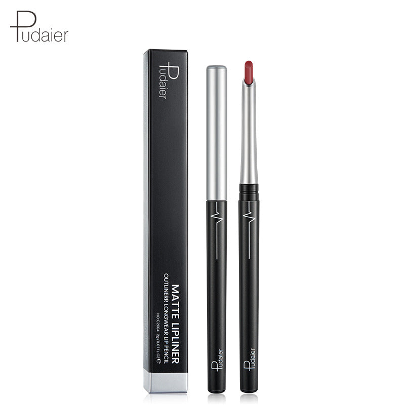 Pudaier matte lip liner pencil in black and silver, with packaging box, upright and uncapped showing a red tip.