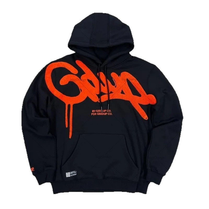 Unisex casual loose hoodie with embroidered letter design, plush fabric from Plush Fashion Hub.