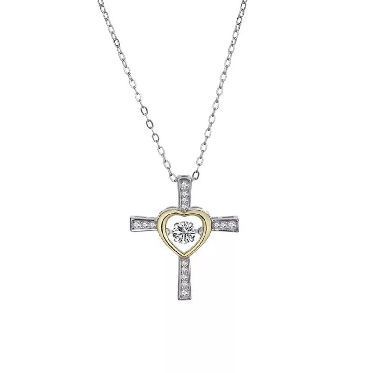 Sterling silver heart and cross necklace from Plush Fashion Hub, featuring a delicate pendant on a fine chain.