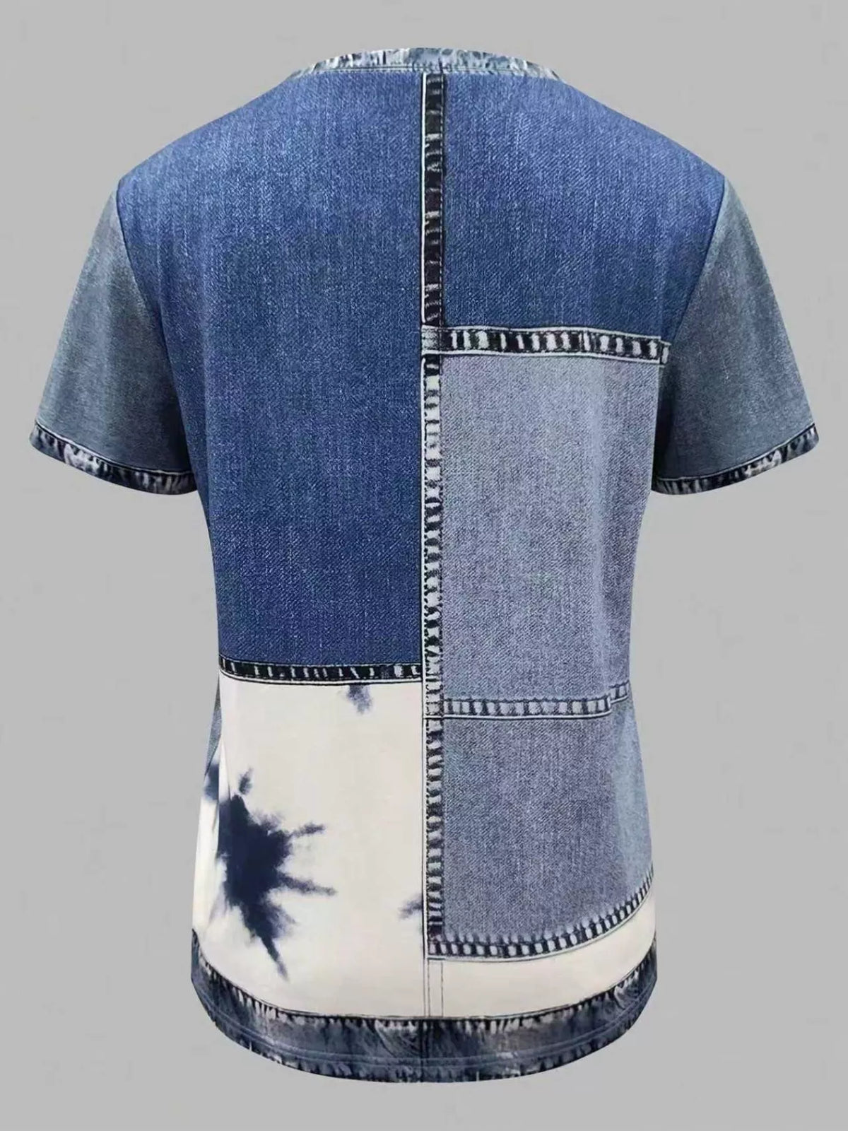 Denim patchwork short sleeve blouse by Plush Fashion Hub featuring a casual, stylish design with mixed denim patches.