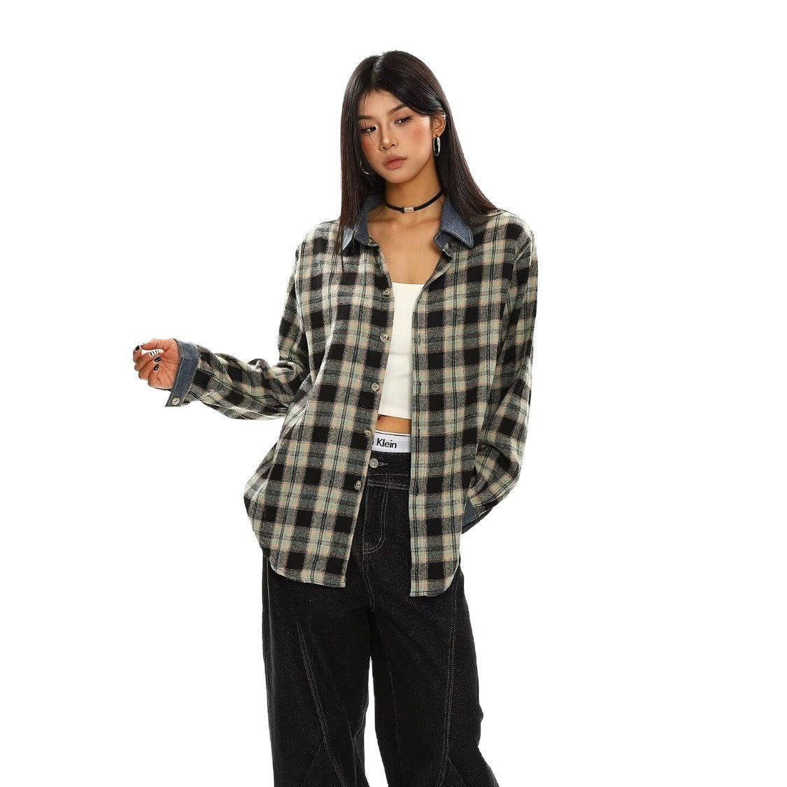 Loose fit plaid long sleeve shirt for men and women by eprolo, featuring a classic checkered pattern and casual style.