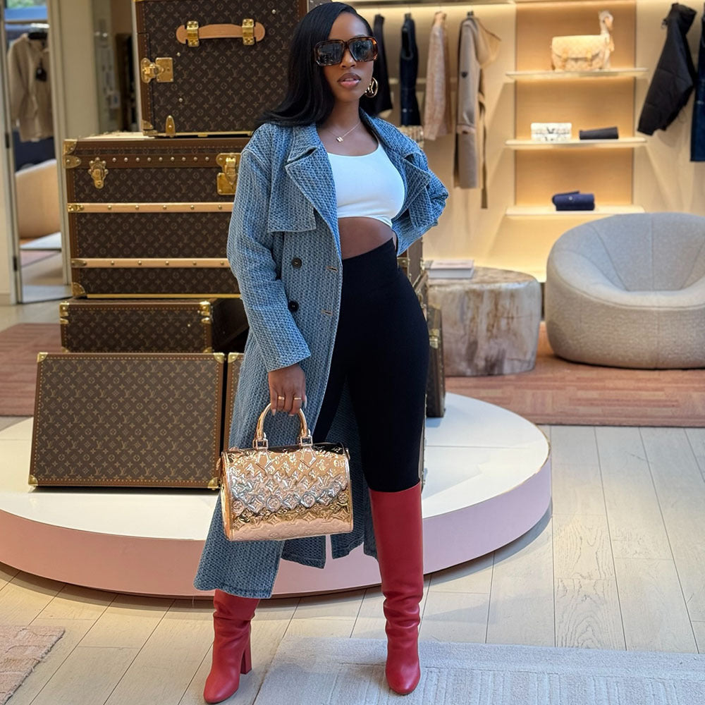 Women's loose denim trench coat with long sleeves and belt, stylish streetwear long coat by eprolo.