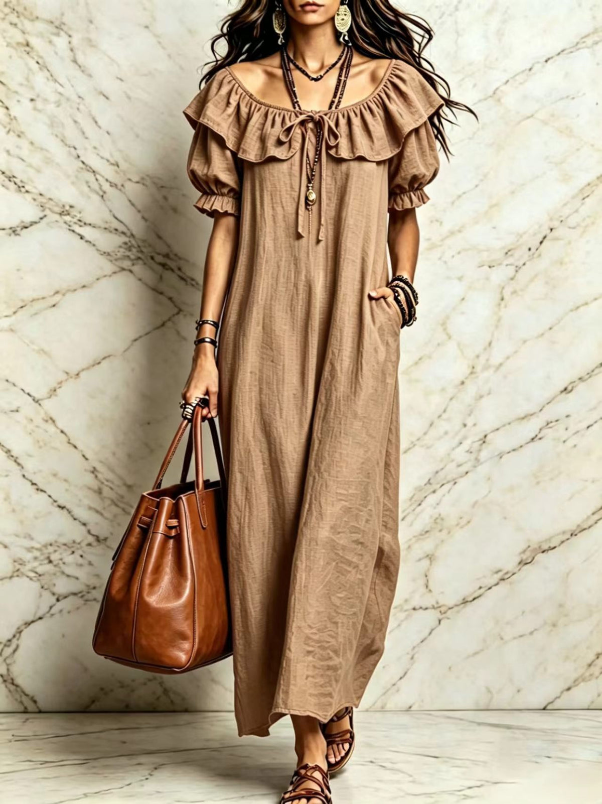Elegant casual round neck ruffle beach vacation dress for women by eprolo, featuring lightweight fabric and stylish design.