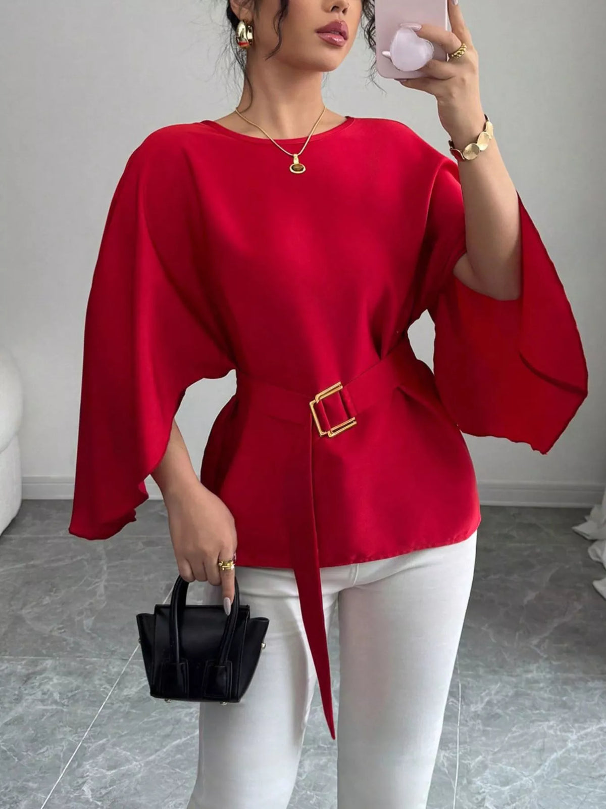 Plush Fashion Hub batwing sleeve belted blouse, stylish tops with flowing sleeves and waist belt, in a fashionable design.