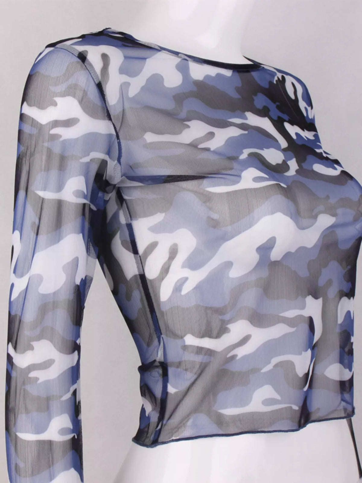 Camouflage mesh long sleeve T-shirt from Plush Fashion Hub, featuring a stylish camouflage print and breathable mesh fabric.