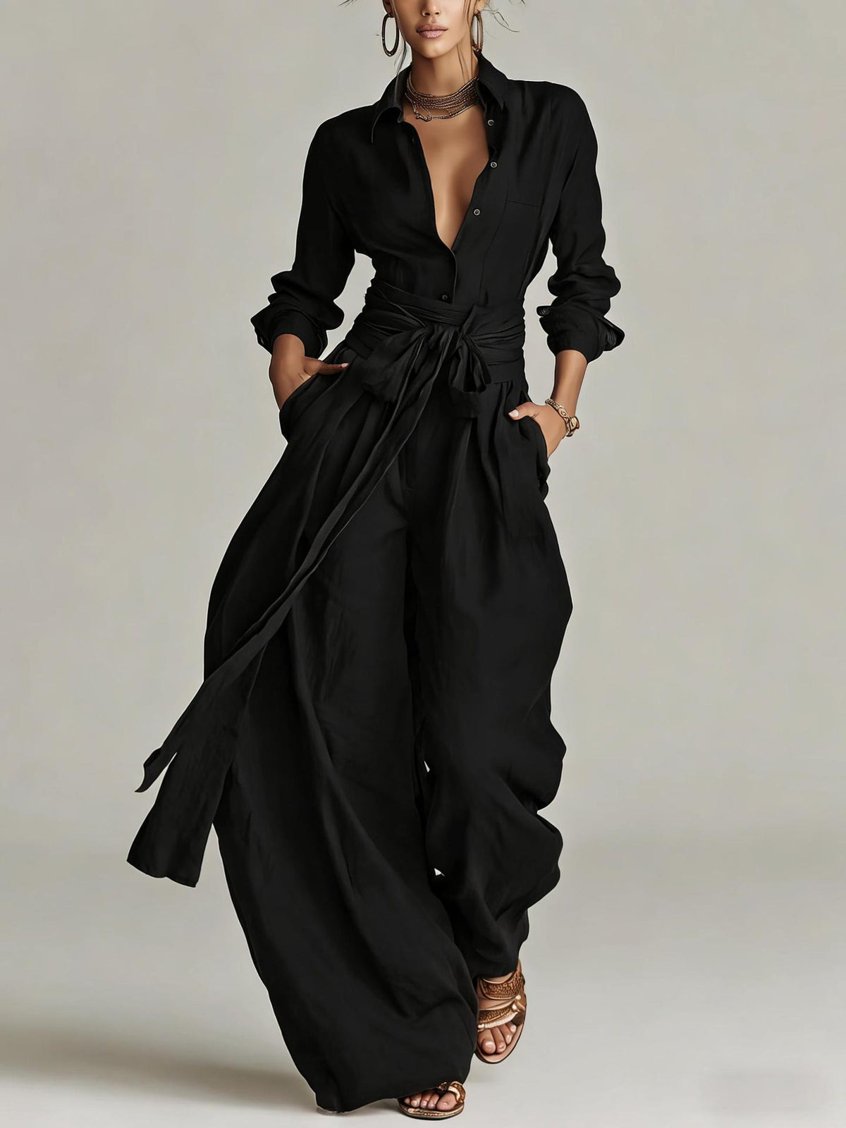 Solid color collar top and high-waisted pants two-piece outfit set by Plush Fashion Hub, shown on a model.