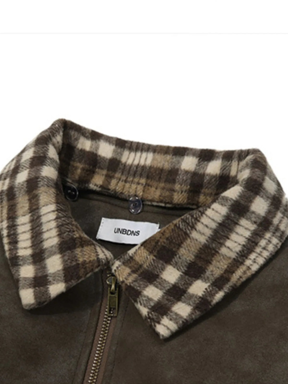 Men's plaid collar detail zip-up jacket, trendy outerwear by Trendsi featuring a stylish plaid design and full front zipper.