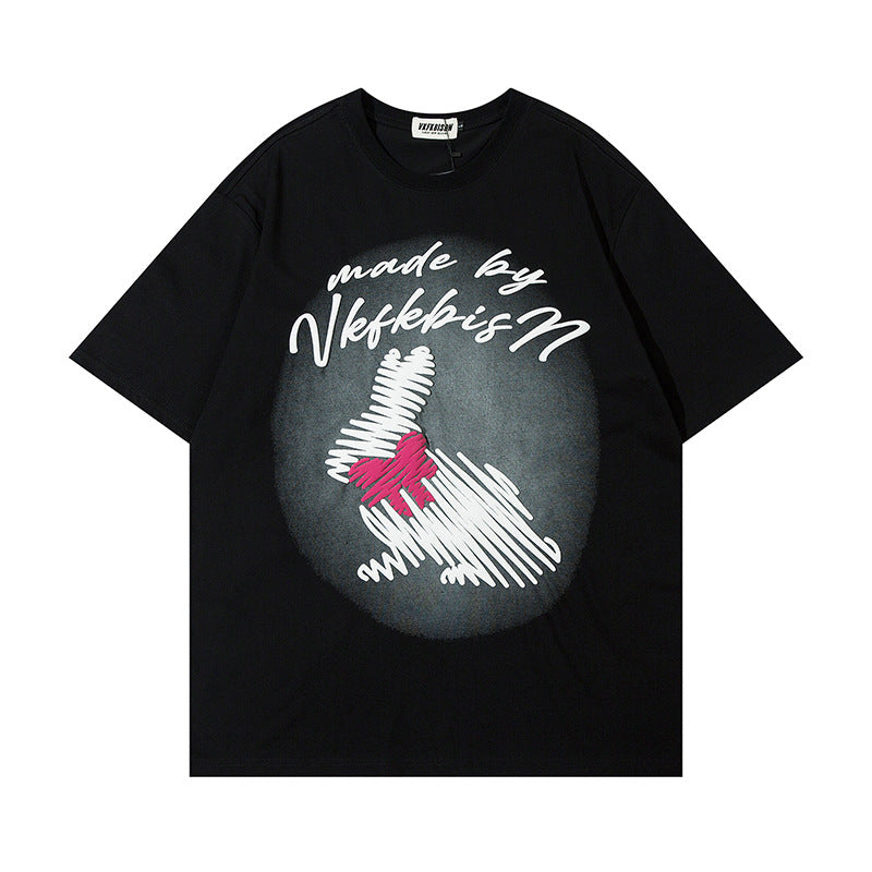Eprolo graffiti rabbit print short-sleeved shirt featuring colorful rabbit and graffiti designs on lightweight fabric.