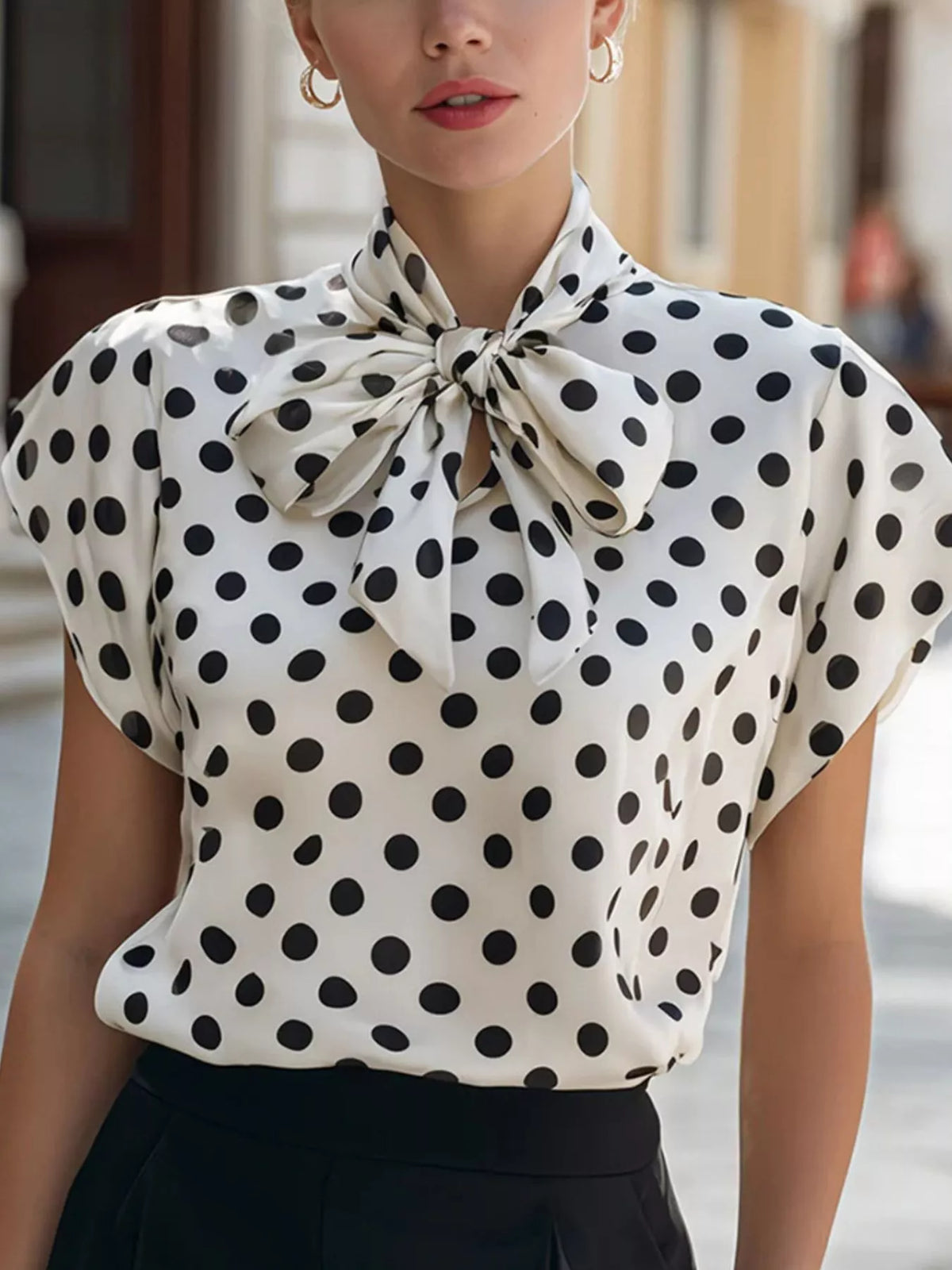 Polka dot tie neck blouse from Plush Fashion Hub, stylish tops featuring a classic polka dot pattern and elegant tie detail.