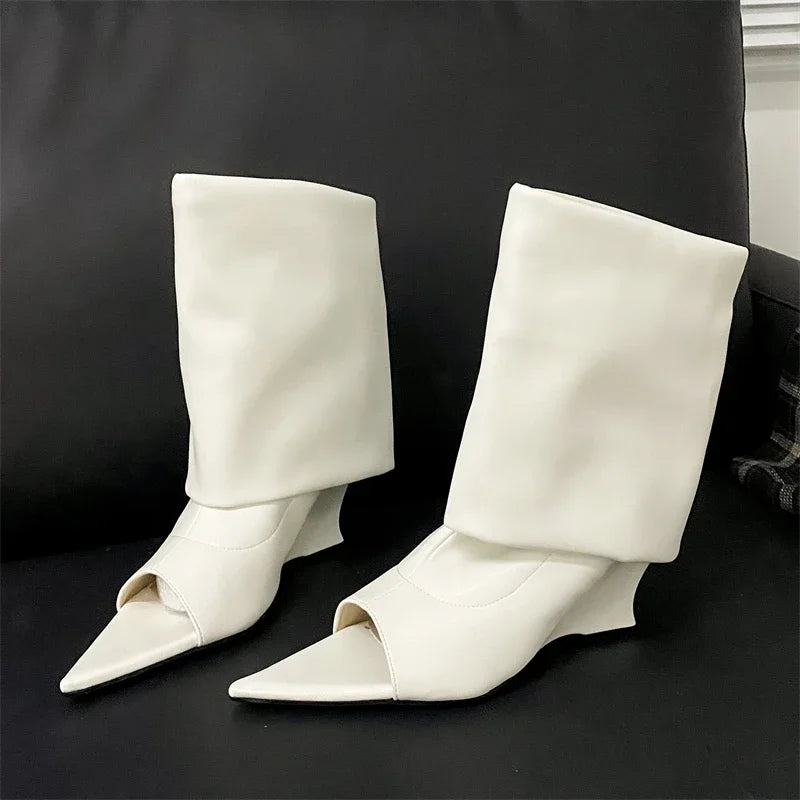 Elegant Plush Fashion Hub peep-toe wedge boots with stylish design and chunky heel, perfect for fashionable casual wear.
