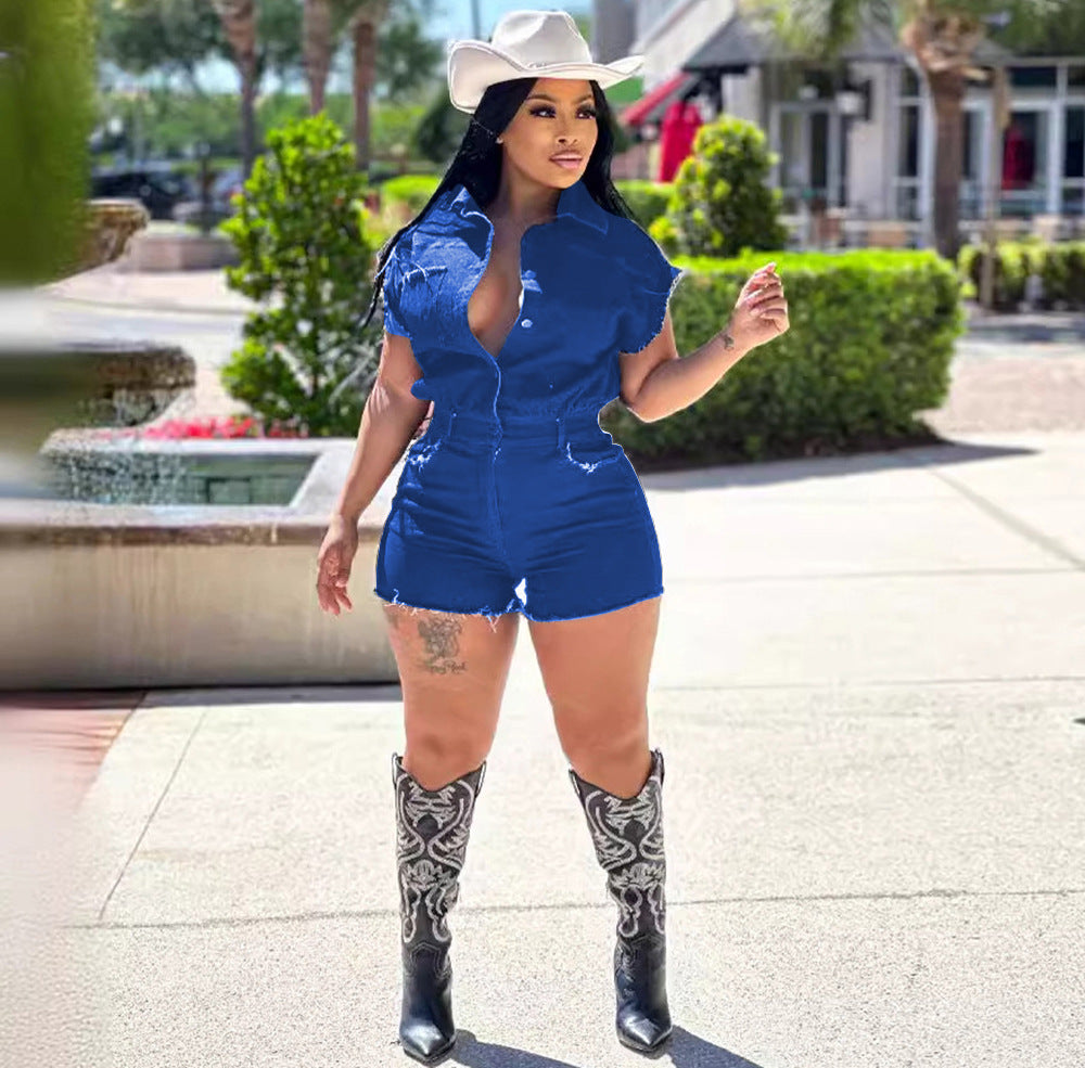 Eprolo women's elastic waist denim jumpsuit with casual stretch fit, perfect for summer street style, front view showing details.