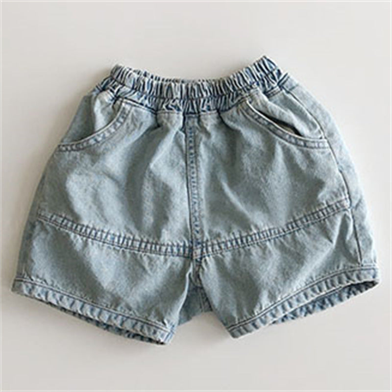 Light blue denim shorts featuring an elastic waistband, two front pockets, and contrast stitching.