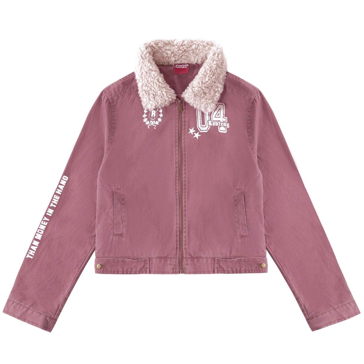 Pink zip-up moto jacket with a fluffy sherpa collar, white graphic prints, and front pockets.
