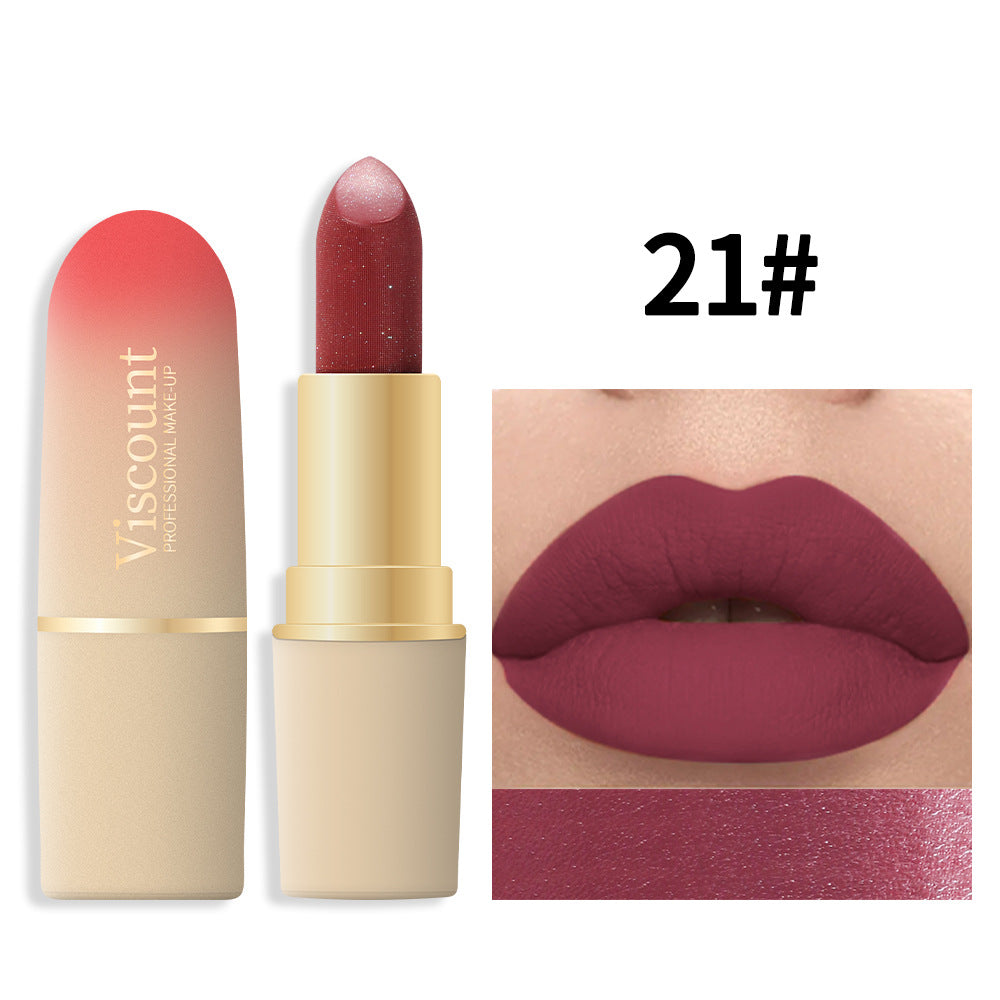 Viscount lipstick 21#, pinkish-red shade with subtle shimmer, in an ombré case, with a swatch on lips.