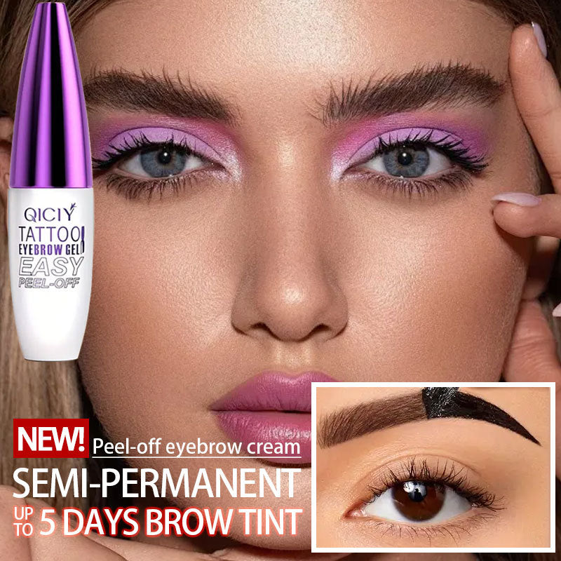 White and purple QICIY tattoo peel-off eyebrow gel bottle with text, beside a woman with pink eyeshadow.