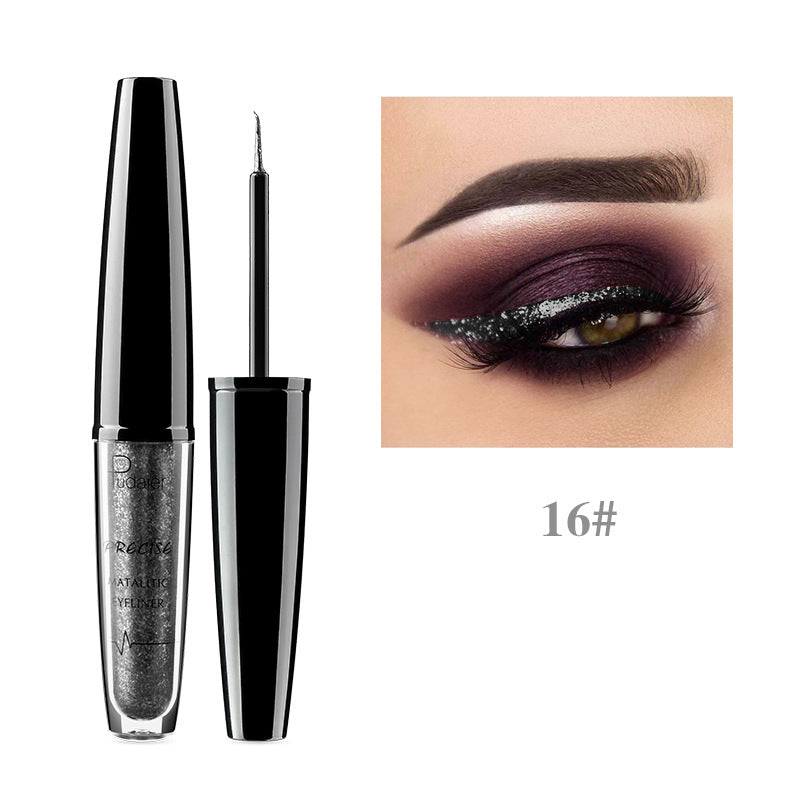 Black and silver liquid glitter eyeliner, showing application on an eye with purple eyeshadow and label 16#.
