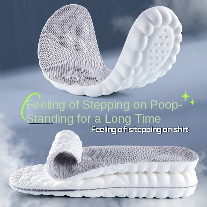 White flexible EVA foam sandals with grey mesh textured insole, thick scalloped soles, and folded uppers.