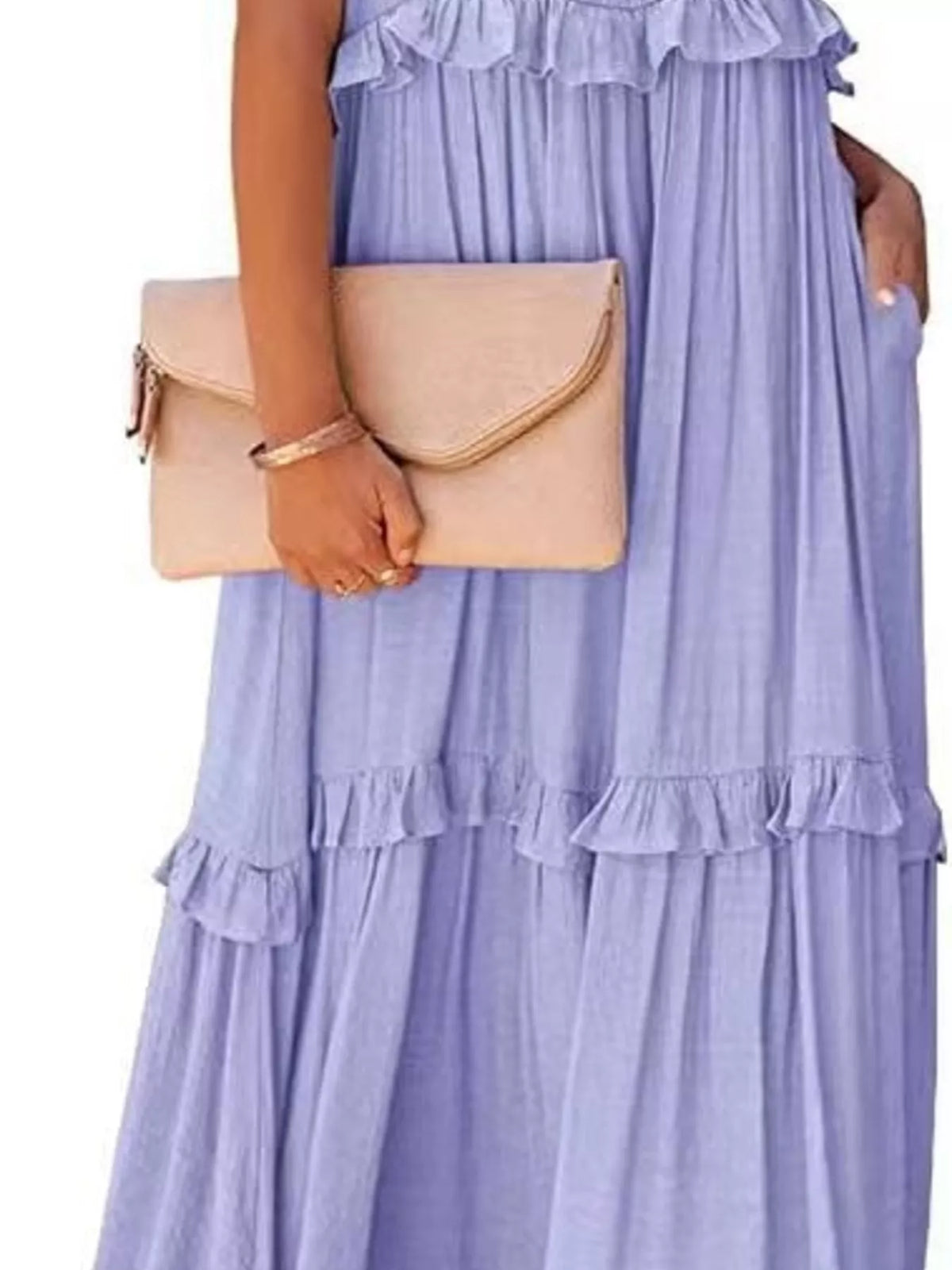 Plush Fashion Hub sleeveless ruffled tiered maxi dress with flowing fabric and layered design, perfect for summer or casual wear.