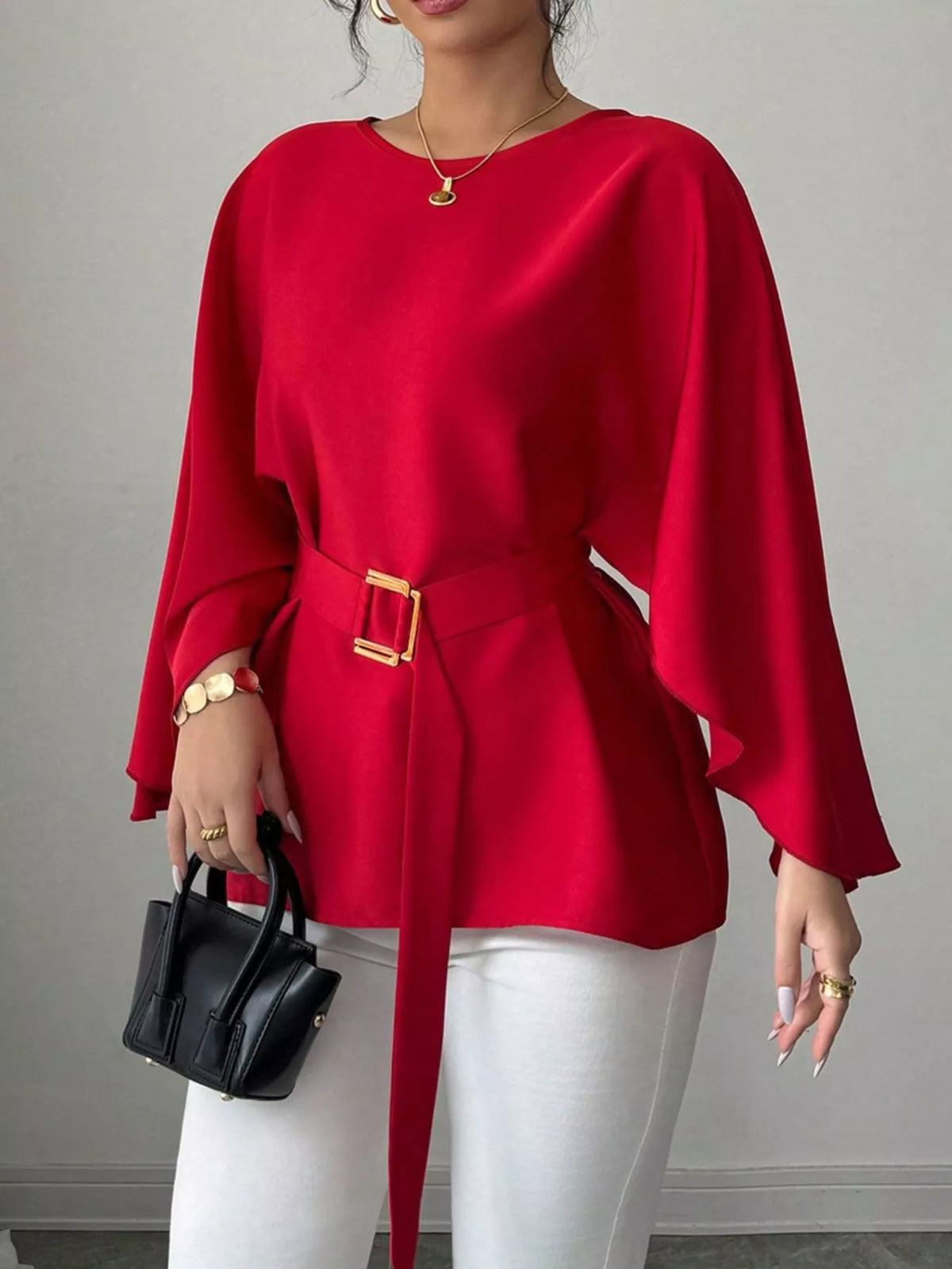 Plush Fashion Hub batwing sleeve belted blouse with flowy sleeves and waist belt, stylish tops for casual or office wear.