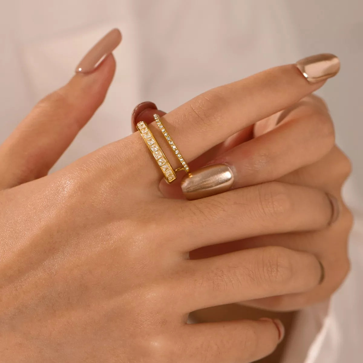 18K gold-plated rhinestone open ring from Plush Fashion Hub featuring sparkling stones and a stylish open design.
