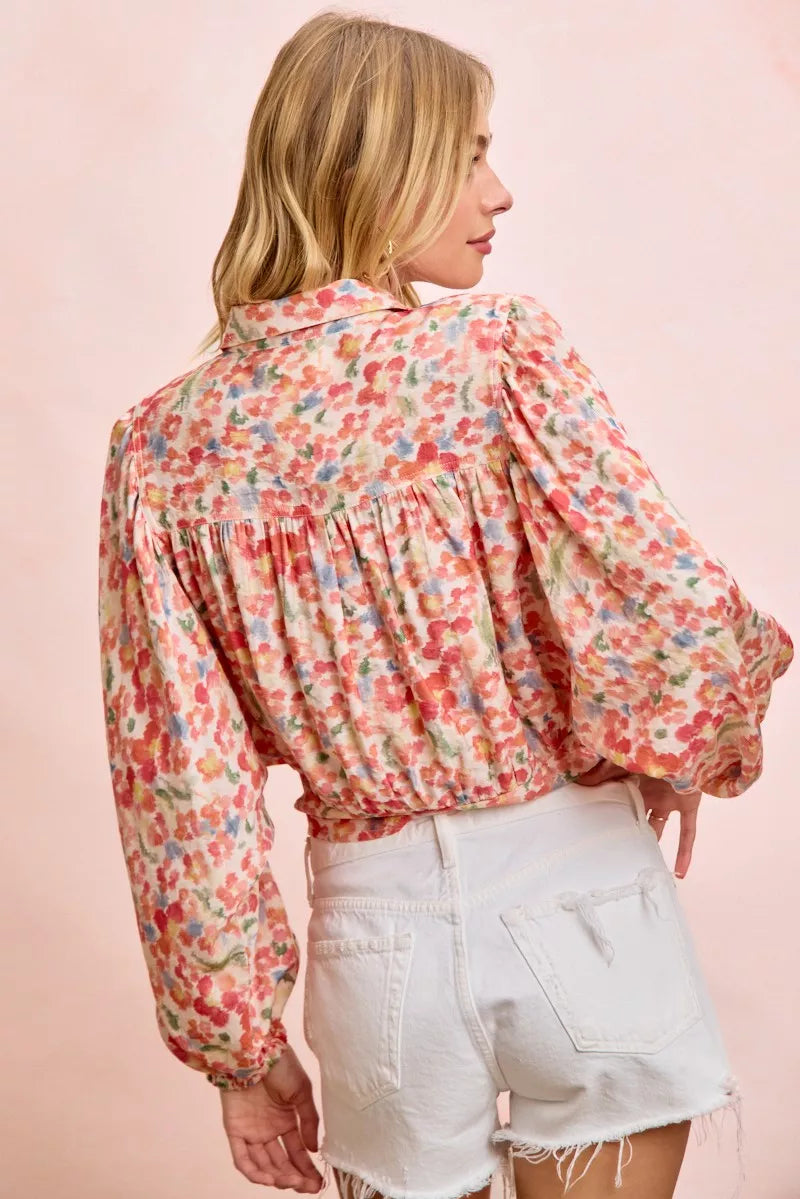Plush Fashion Hub BiBi floral print tie hem crop top, lightweight summer blouse with vibrant floral design and tie-front detail.