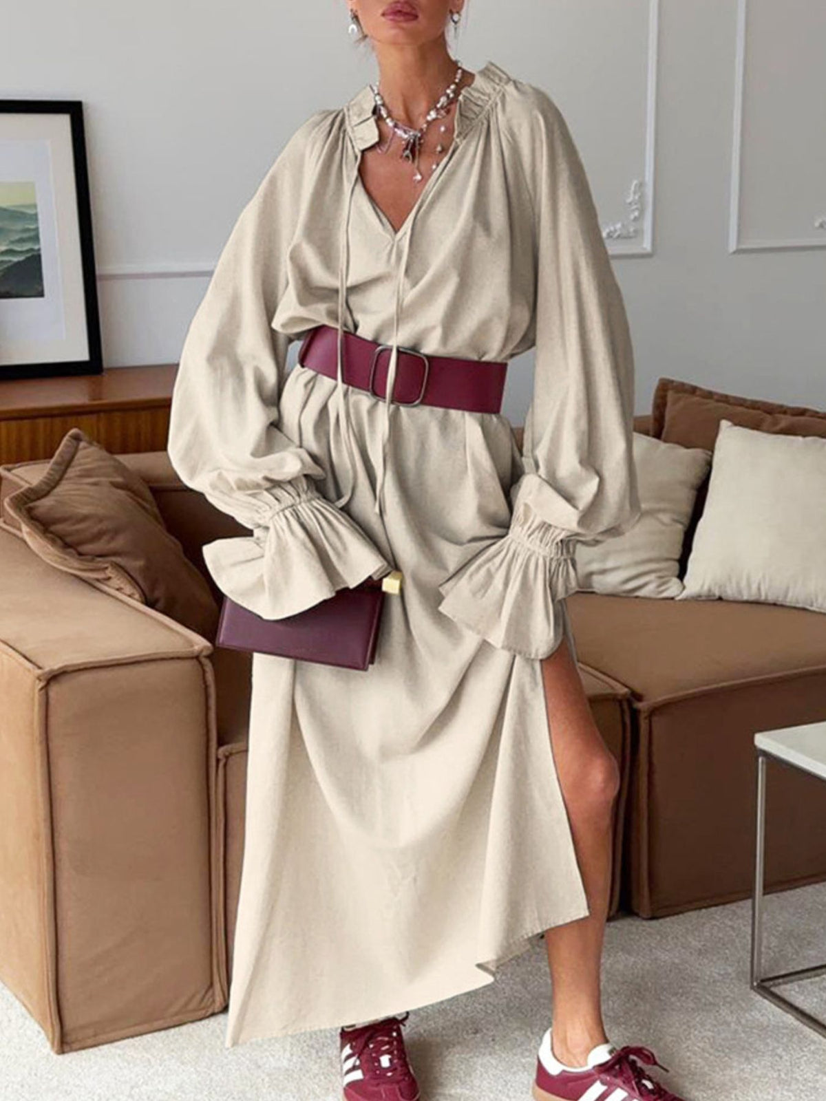 Cotton linen maxi dress with tie neck and flounce sleeves by Plush Fashion Hub, shown in a flowing, elegant design.