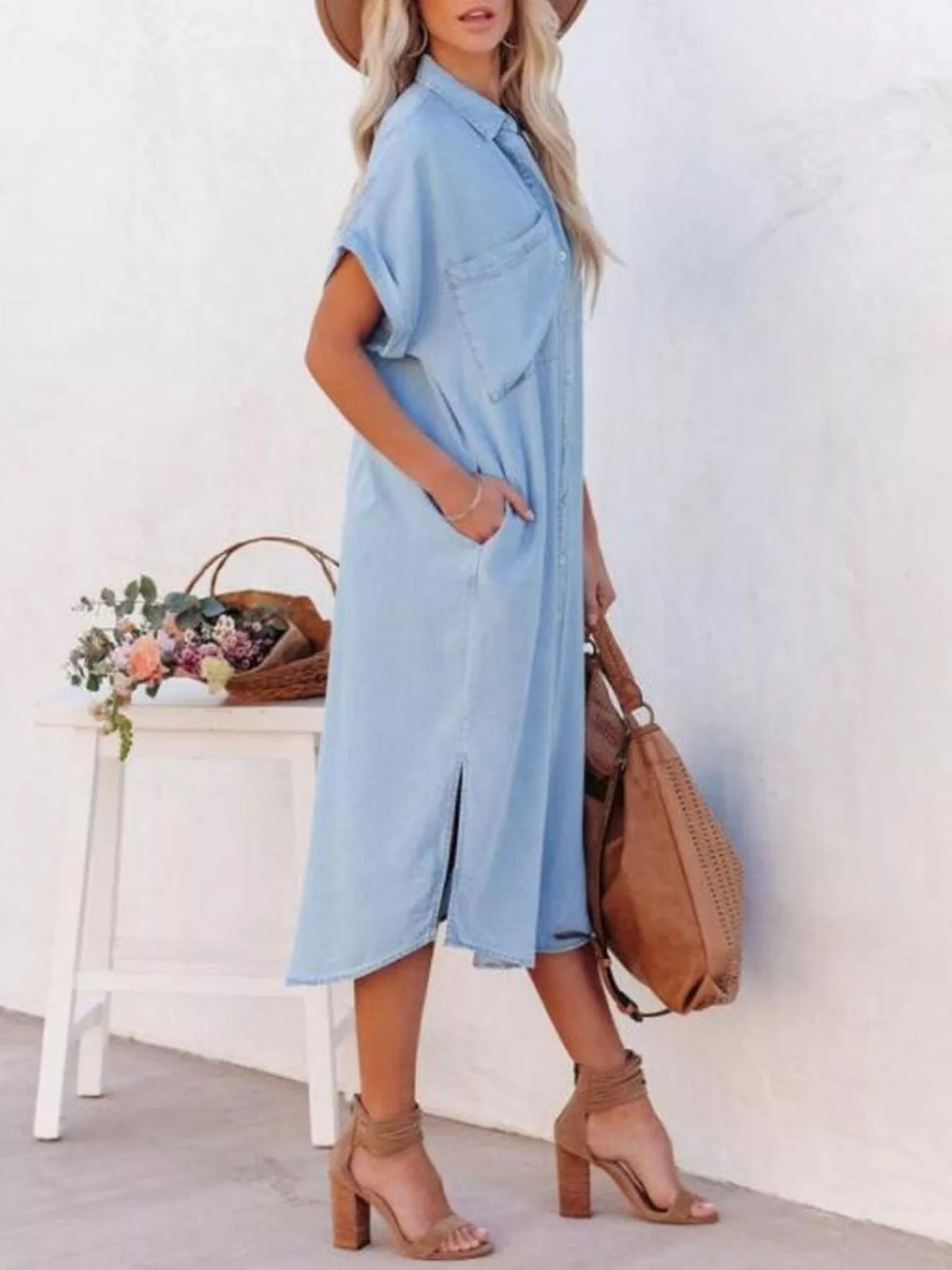 Plush Fashion Hub casual shirt dress with side slits, lightweight fabric, and a relaxed fit, perfect for everyday wear.