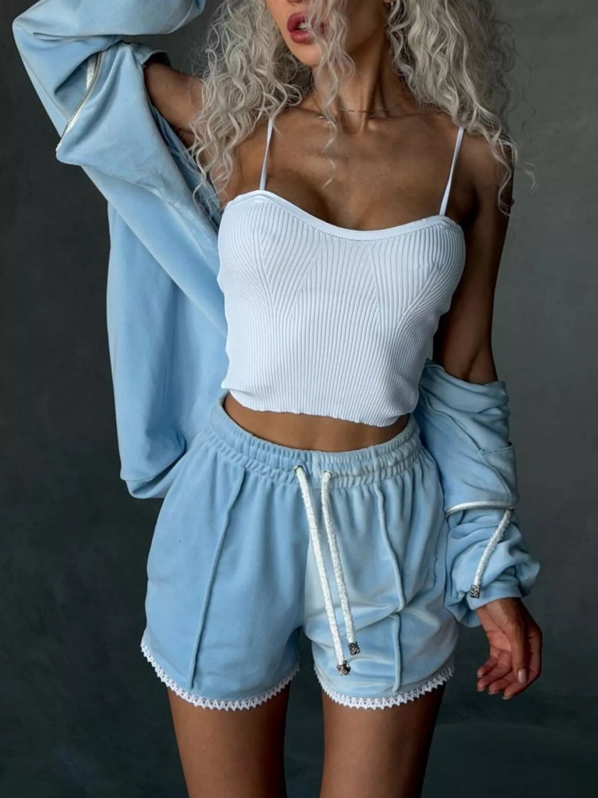 Plush Fashion Hub zip-up hooded shorts set featuring a cozy hooded jacket and matching shorts in soft fabric.